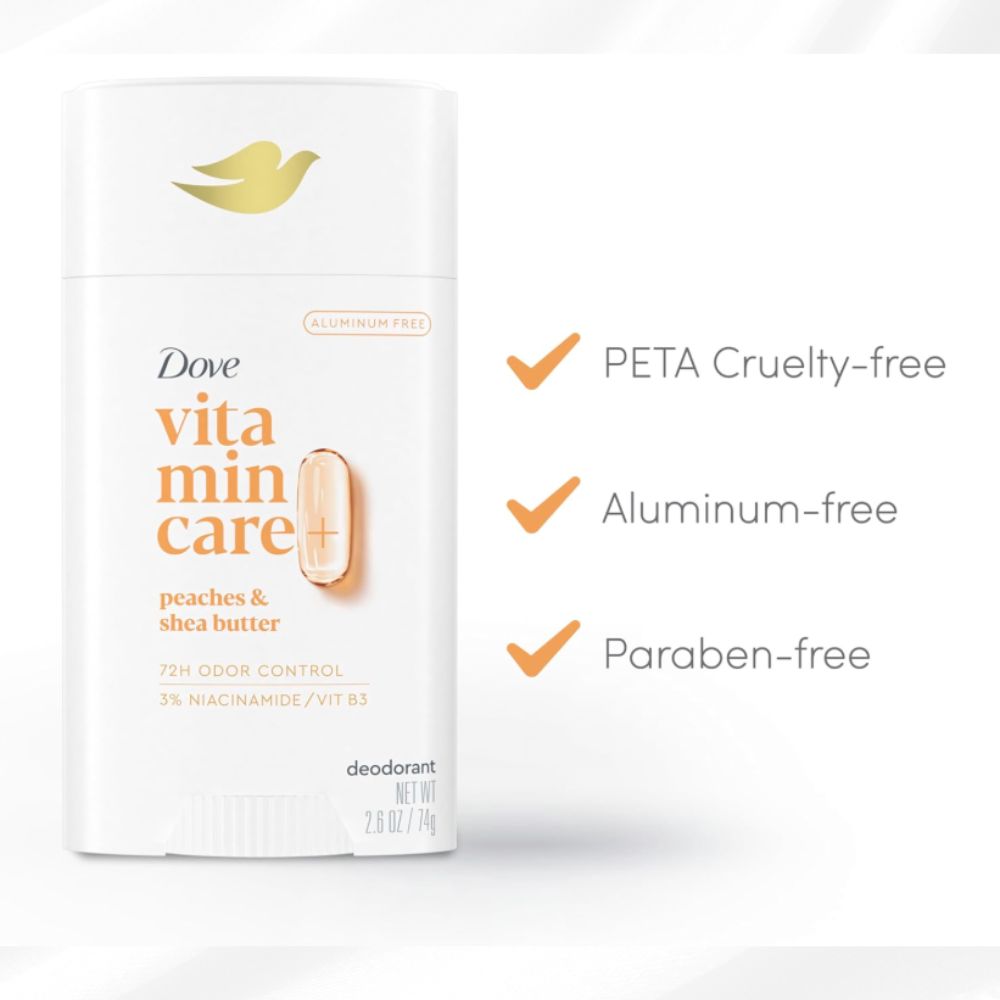 Dove VitaminCare+ Aluminum Free Deodorant Stick – 72H Odor Protection, Peaches & Shea Butter (2.6 oz)
