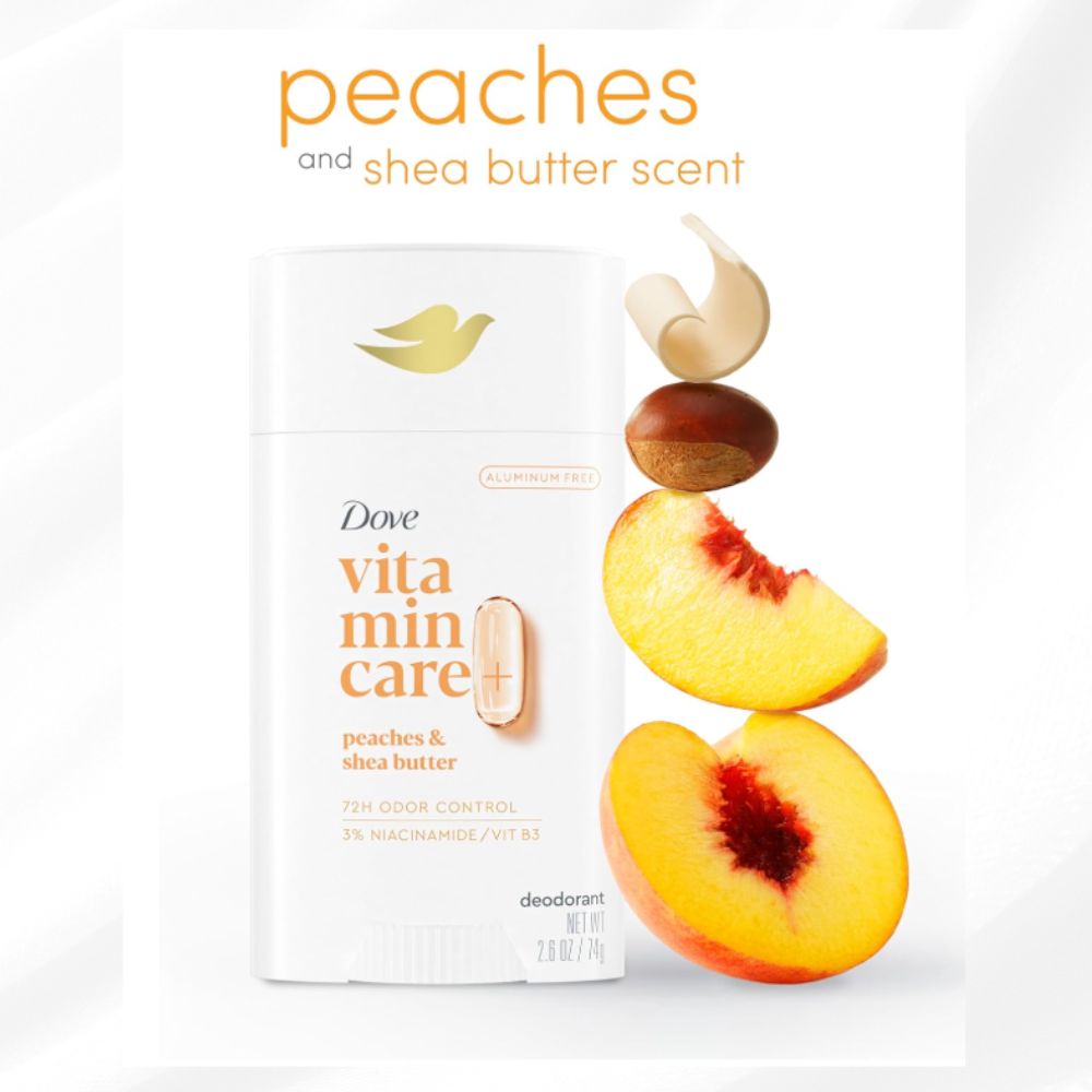Dove VitaminCare+ Aluminum Free Deodorant Stick – 72H Odor Protection, Peaches & Shea Butter (2.6 oz)