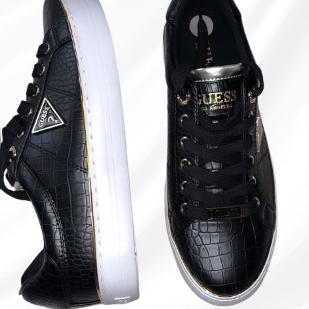 Ladies GUESS Black Faux Gold Trim Croc Leather Lace-Up Sneakers