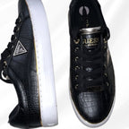 Ladies GUESS Black Faux Gold Trim Croc Leather Lace-Up Sneakers