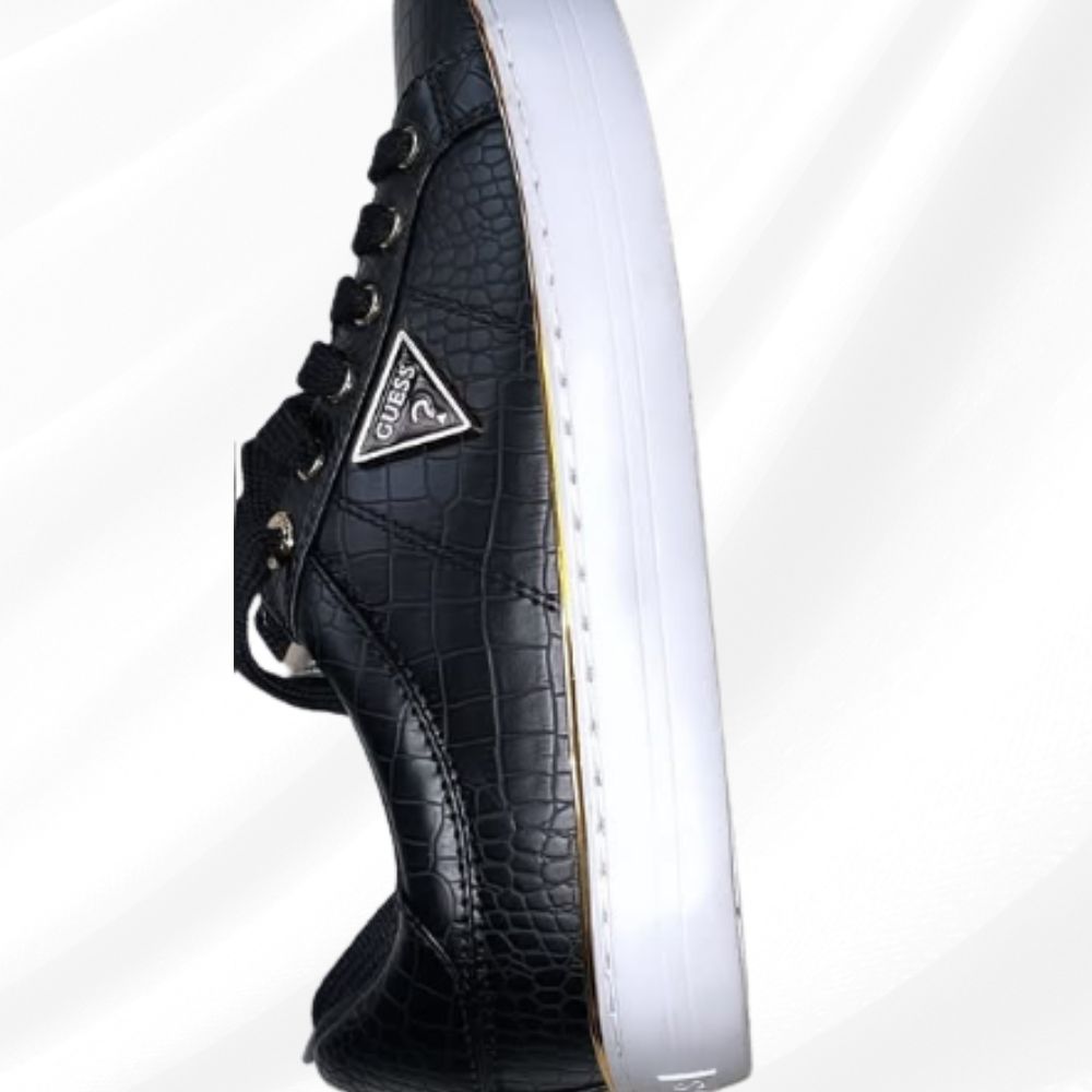 Ladies GUESS Black Faux Gold Trim Croc Leather Lace-Up Sneakers