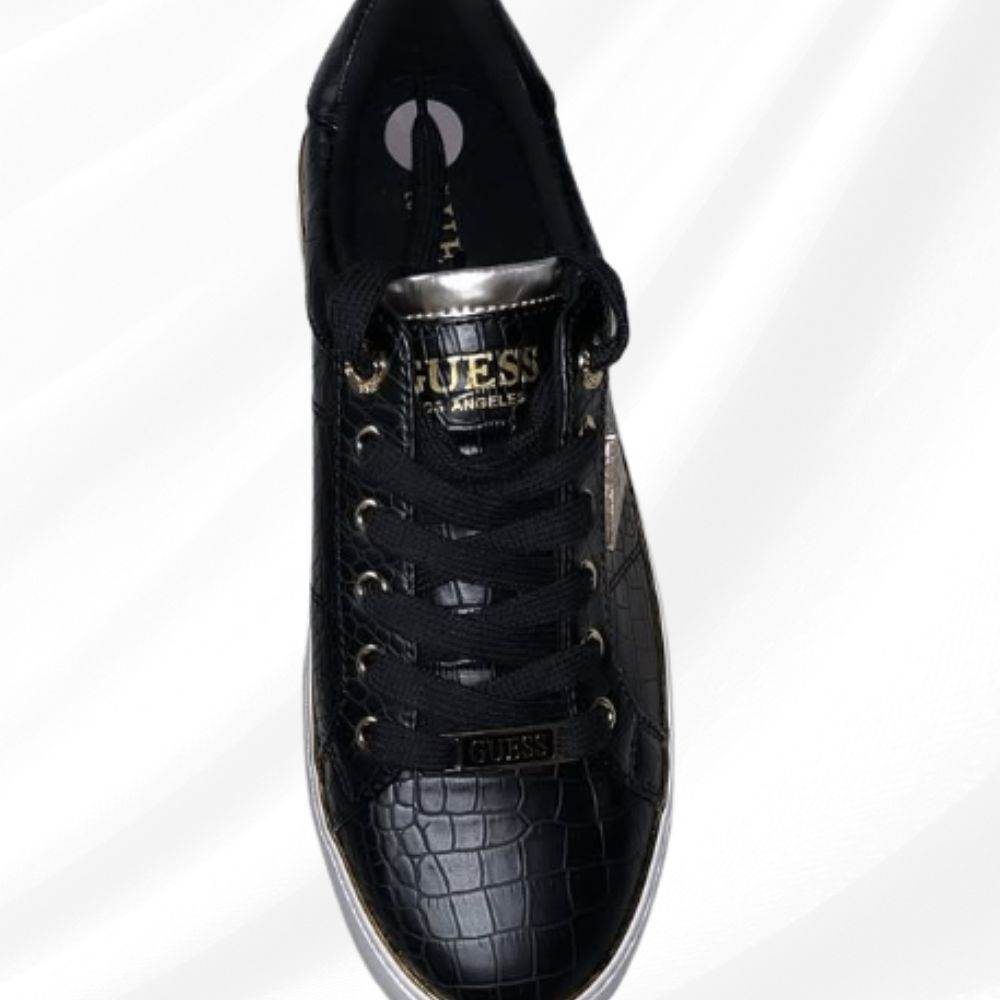 Ladies GUESS Black Faux Gold Trim Croc Leather Lace-Up Sneakers